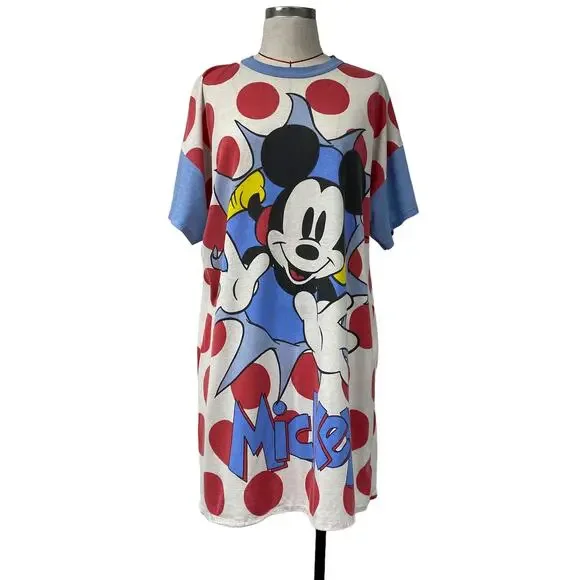 Vintage Disney Mickey Co Womens One Size Dot 90s Sleep Shirt Dress - Picture 1 of 8